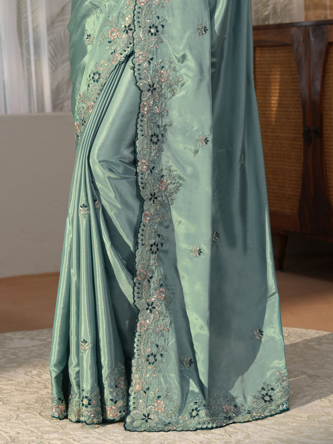  Dusty Blue Floral Embroidered Satin Saree 
