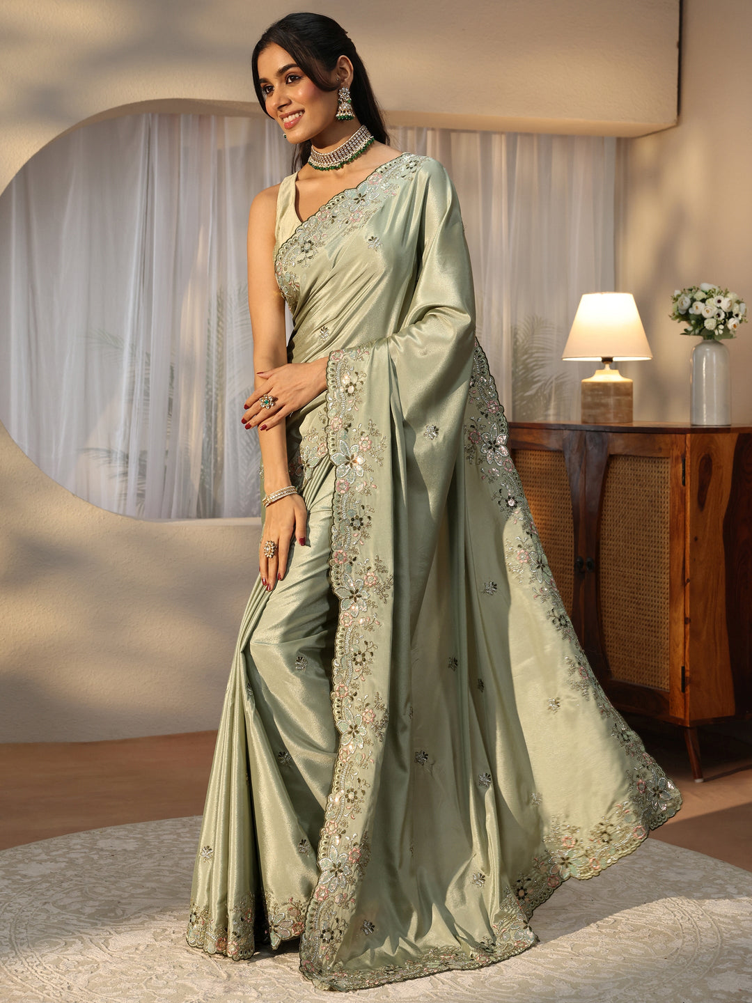  Sage Green Floral Embroidered Satin Saree 