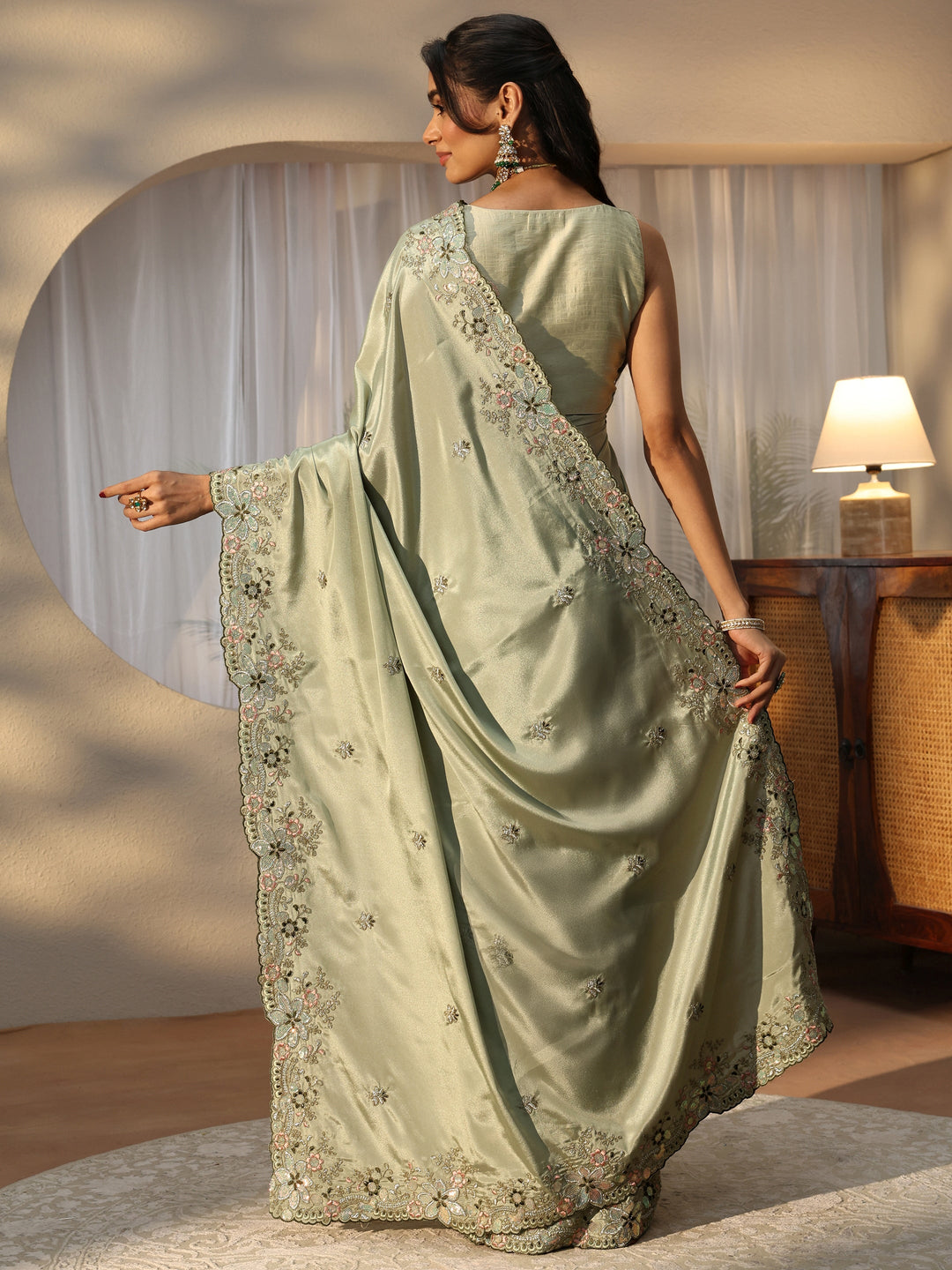  Sage Green Floral Embroidered Satin Saree 