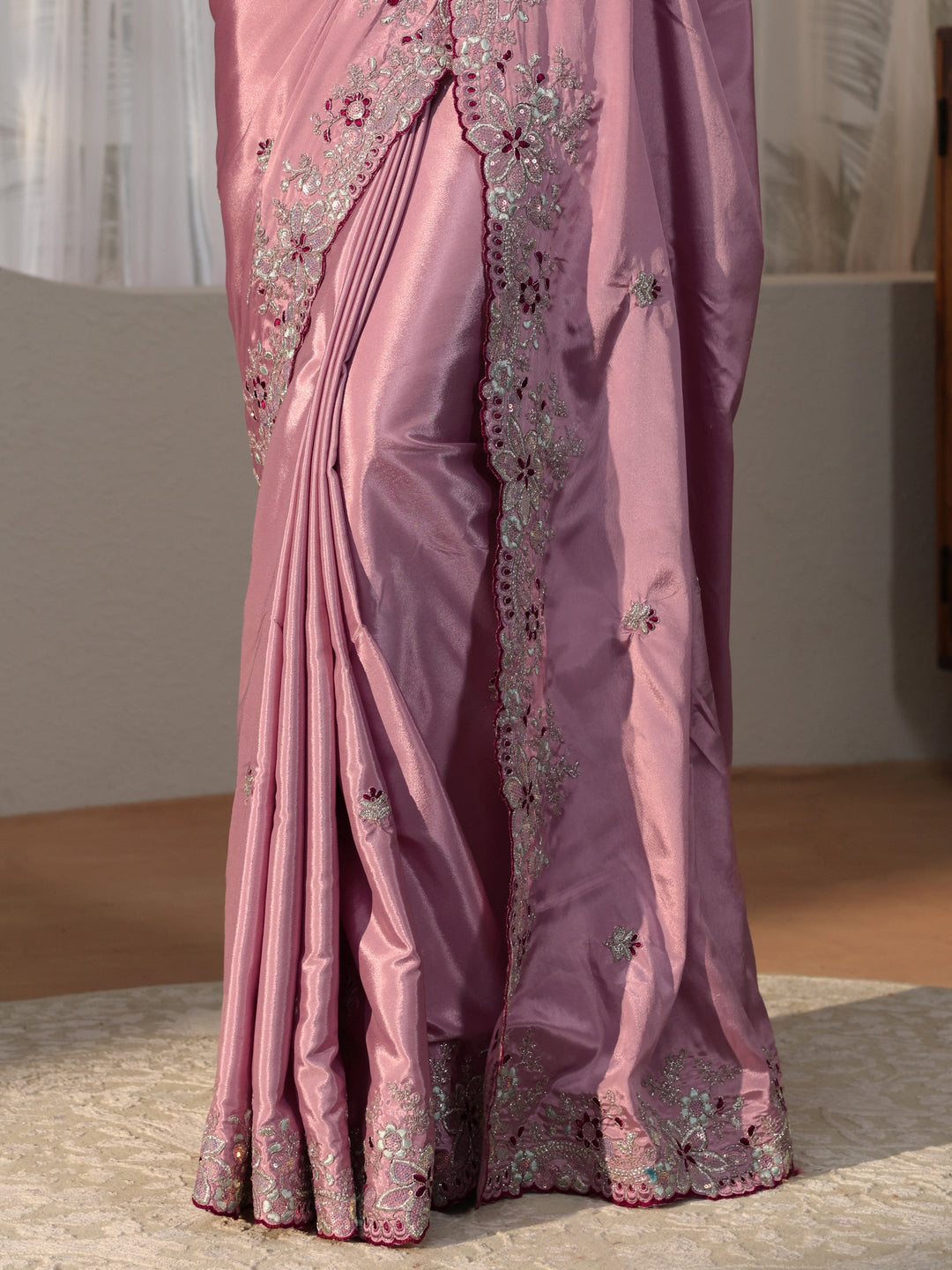  Lavender Floral Embroidered Satin Saree 