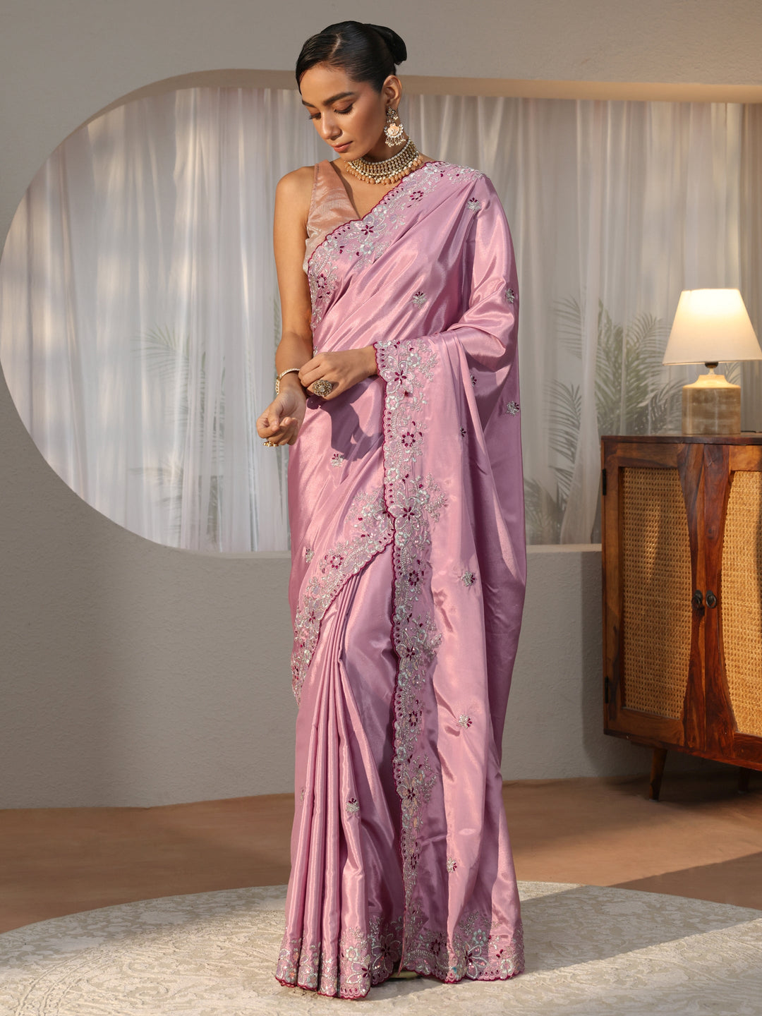  Lavender Floral Embroidered Satin Saree 