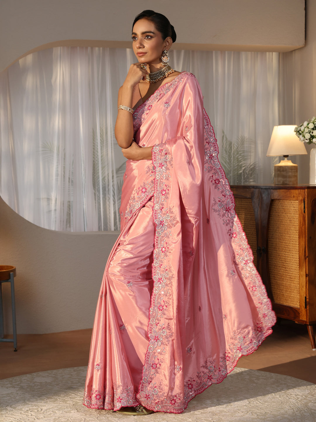  Peach Floral Embroidered Satin Saree 