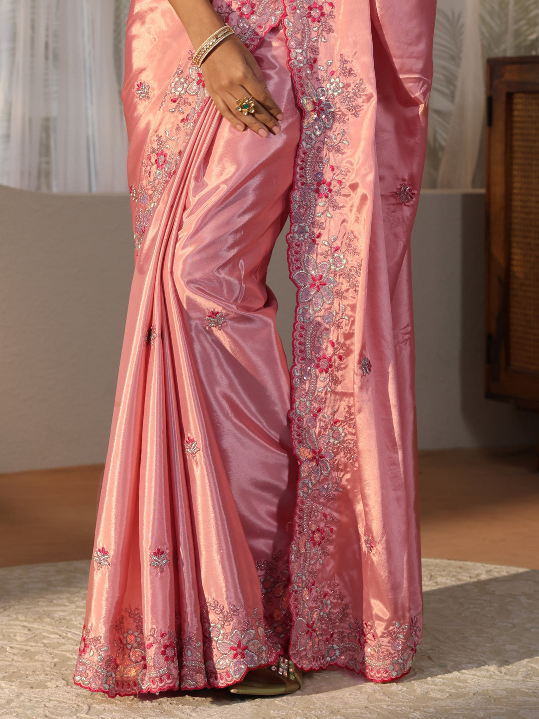 Peach Floral Embroidered Satin Saree 