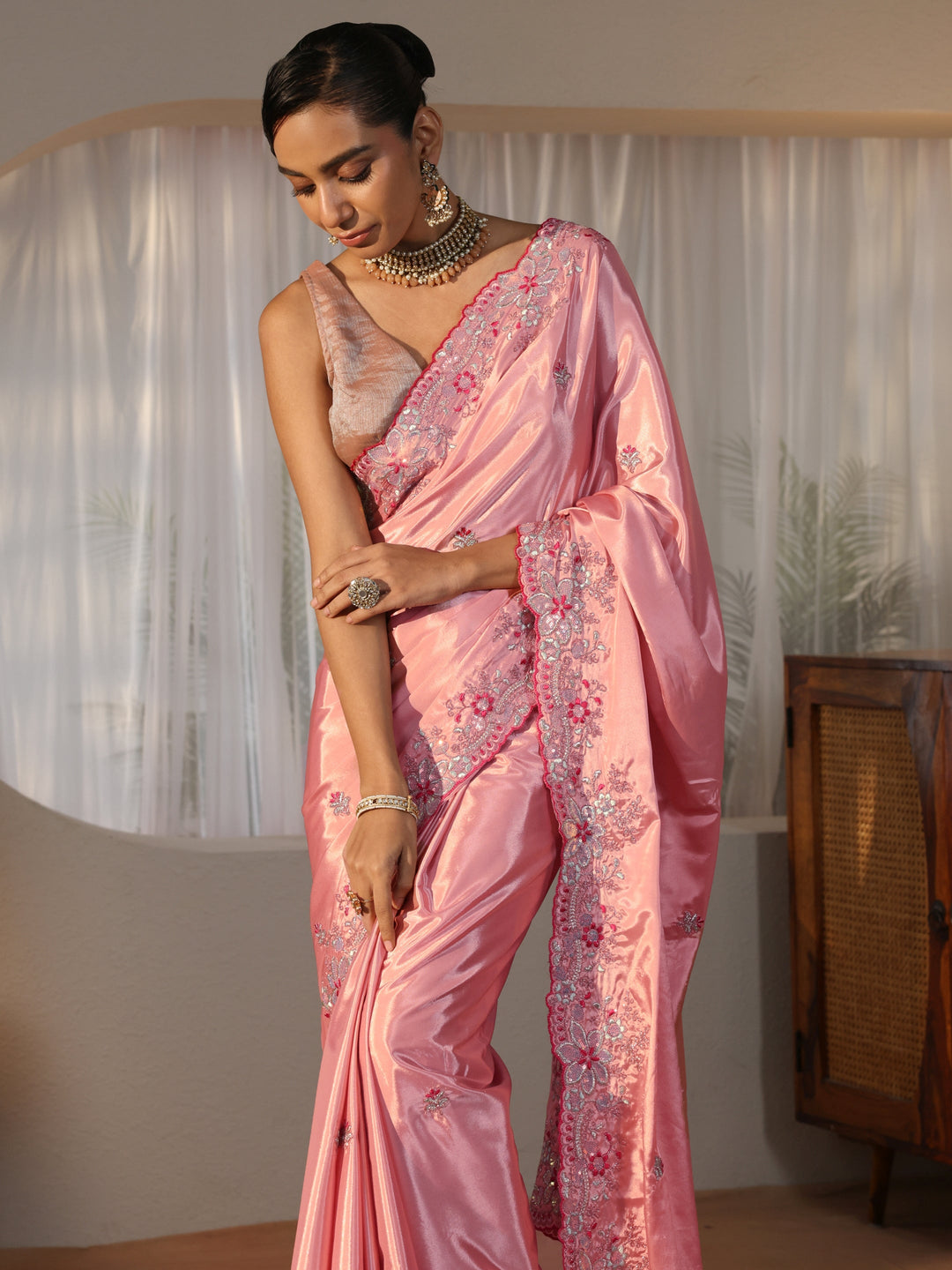  Peach Floral Embroidered Satin Saree 