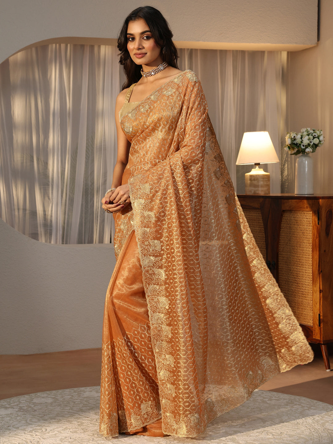  Orange Ethnic Embroidered Net Saree 