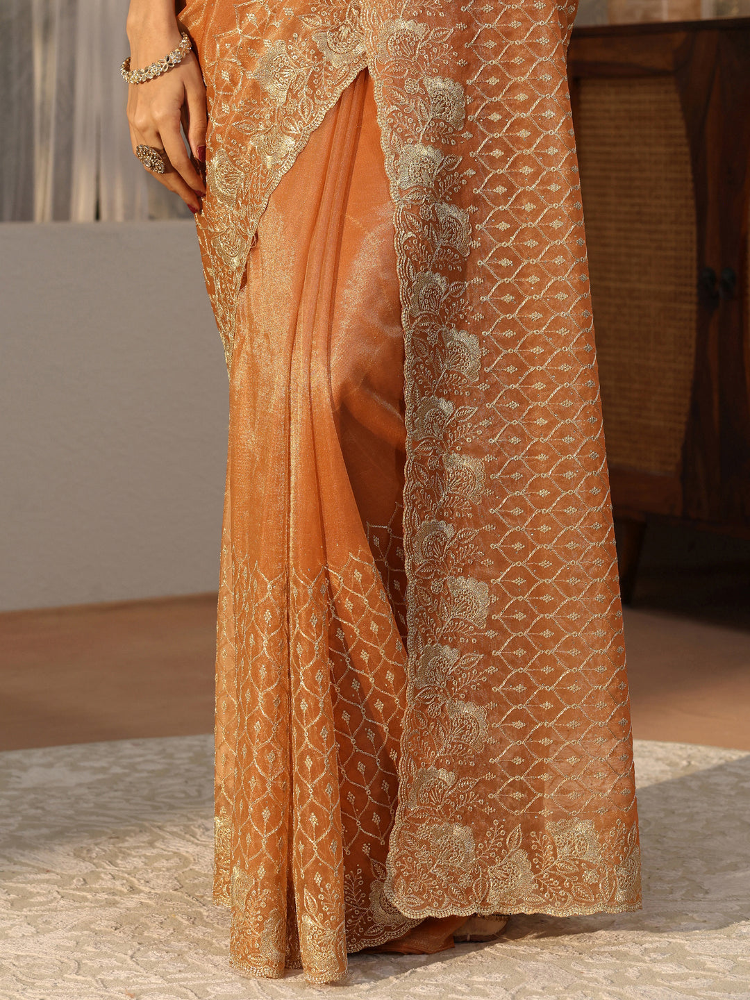  Orange Ethnic Embroidered Net Saree 