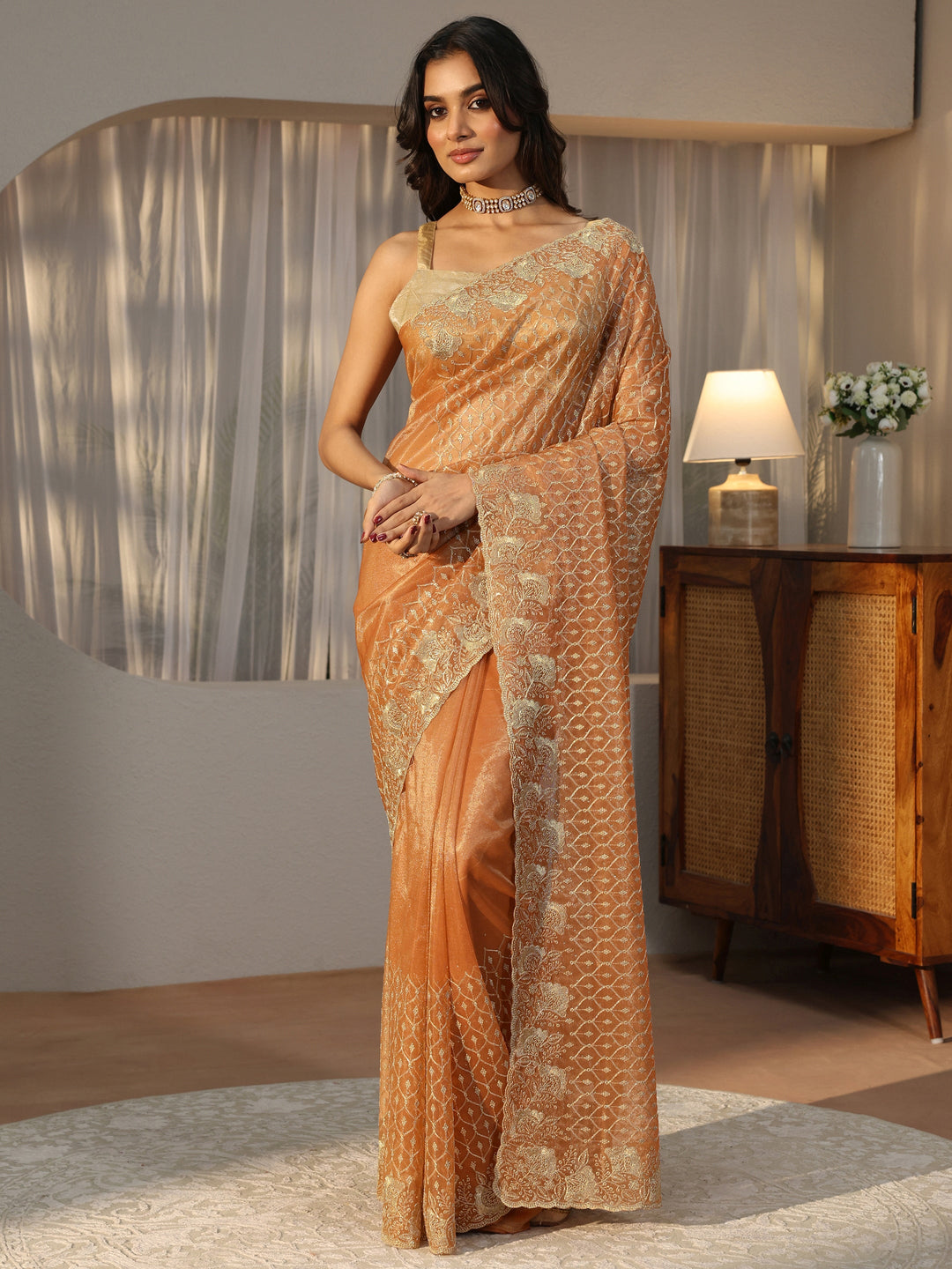  Orange Ethnic Embroidered Net Saree 