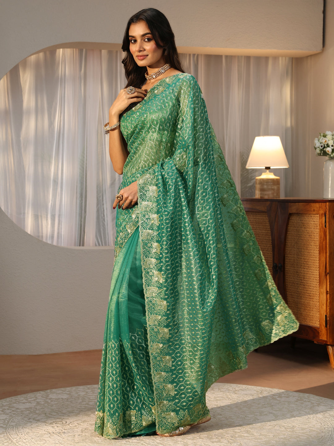  Sea Green Ethnic Embroidered Net Saree 