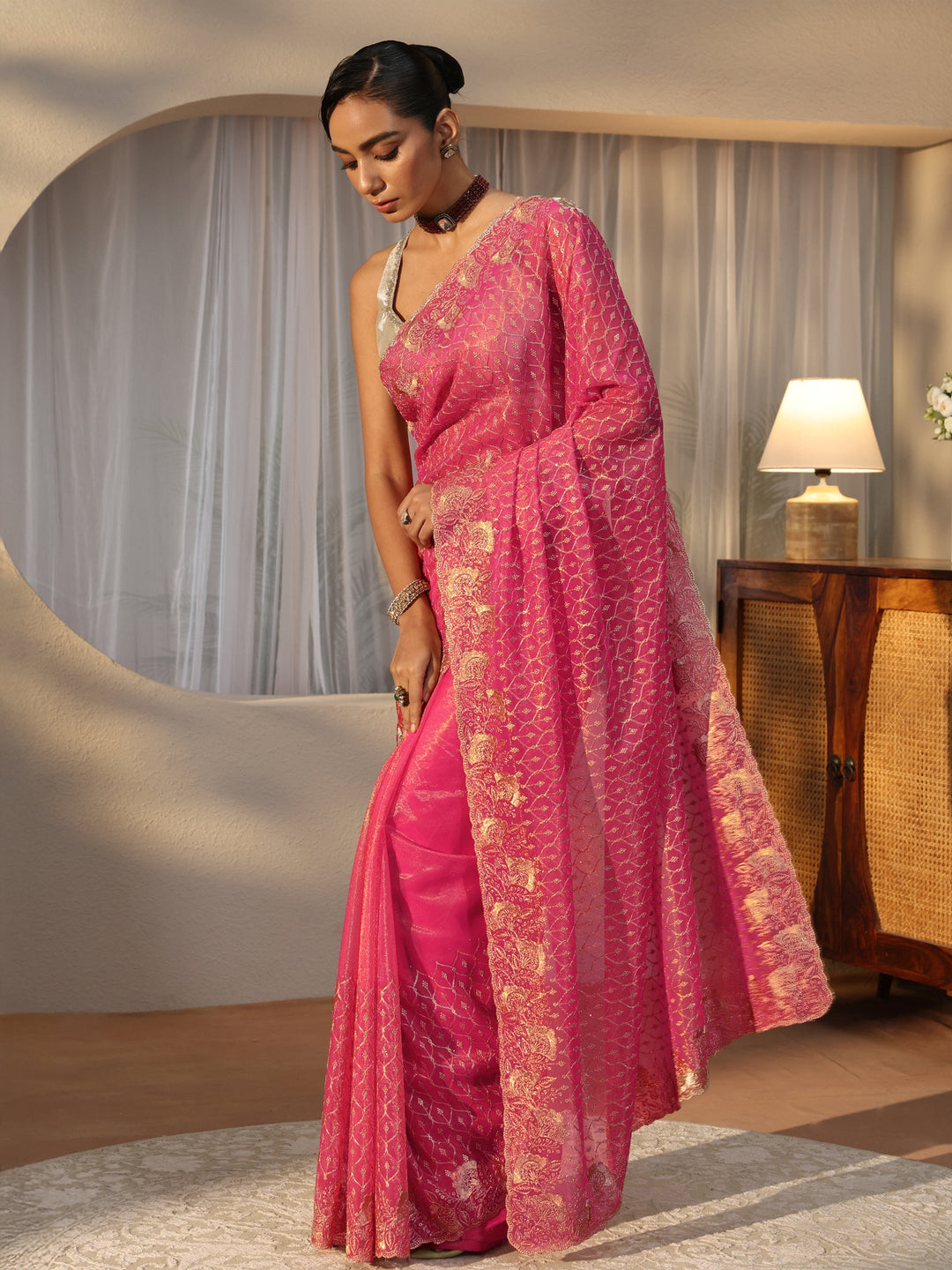  Fuchsia Pink Ethnic Embroidered Net Saree 
