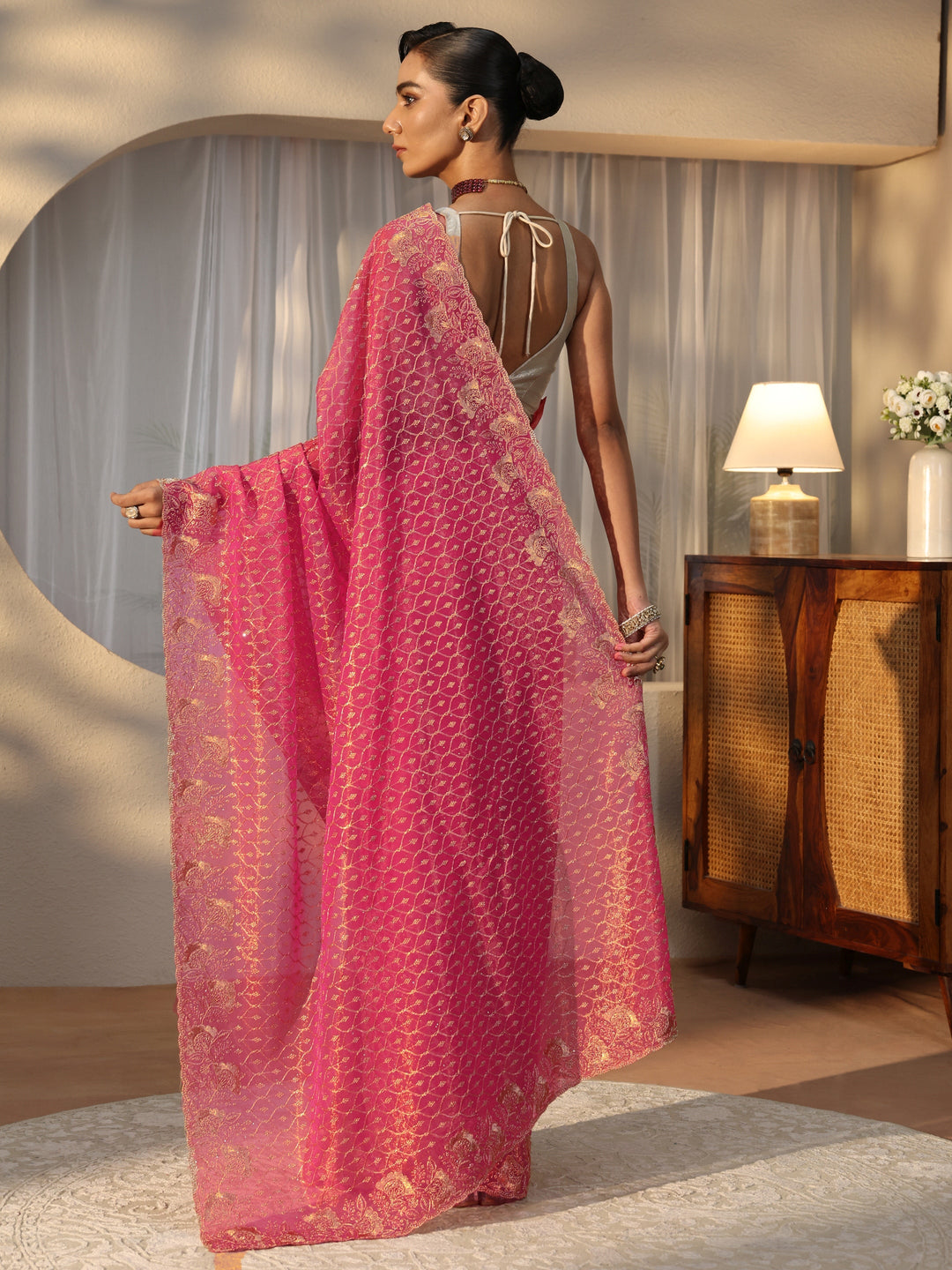  Fuchsia Pink Ethnic Embroidered Net Saree 