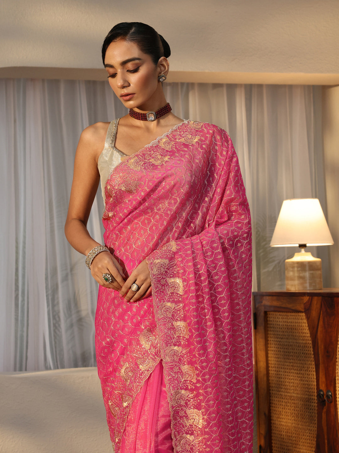  Fuchsia Pink Ethnic Embroidered Net Saree 
