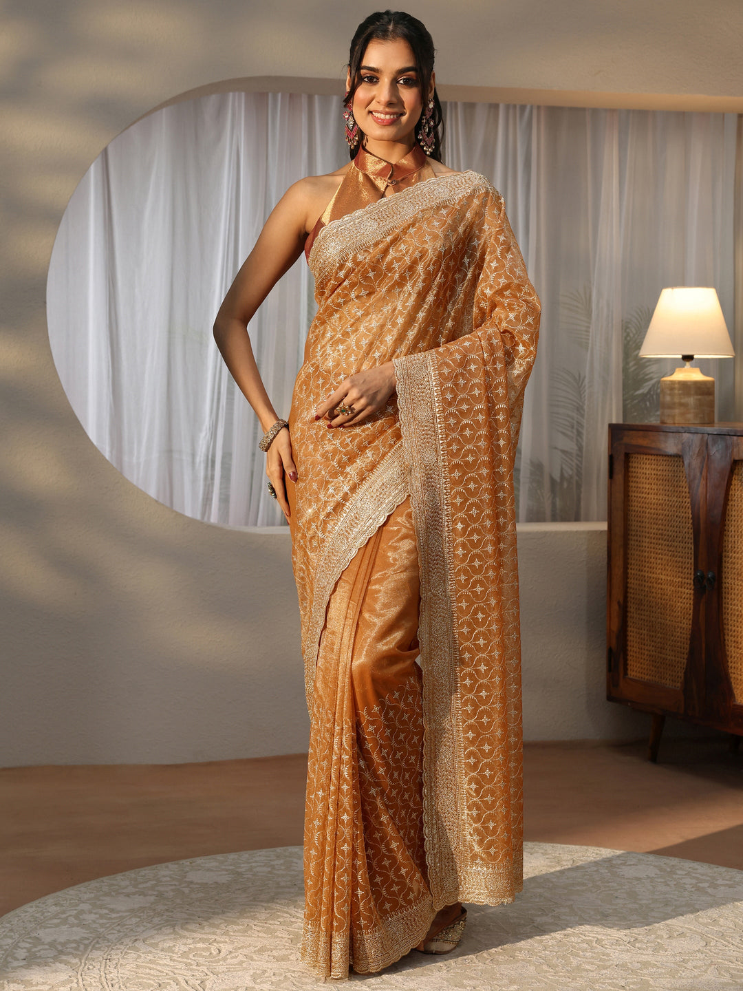  Orange Ethnic Embroidered Net Saree 