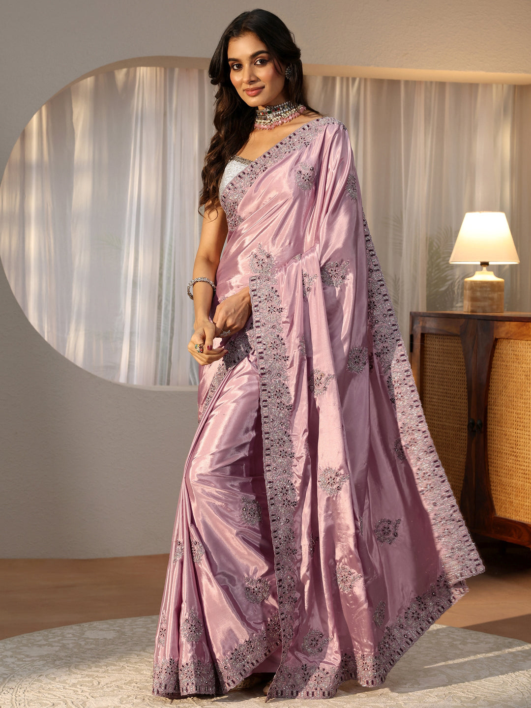  Lavender Floral Embroidered Satin Saree 