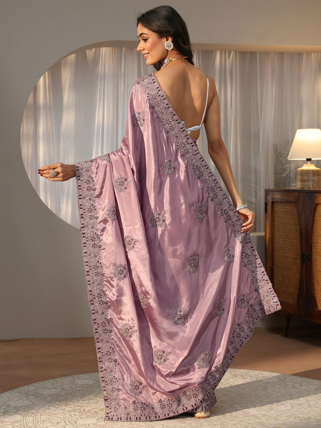  Lavender Floral Embroidered Satin Saree 