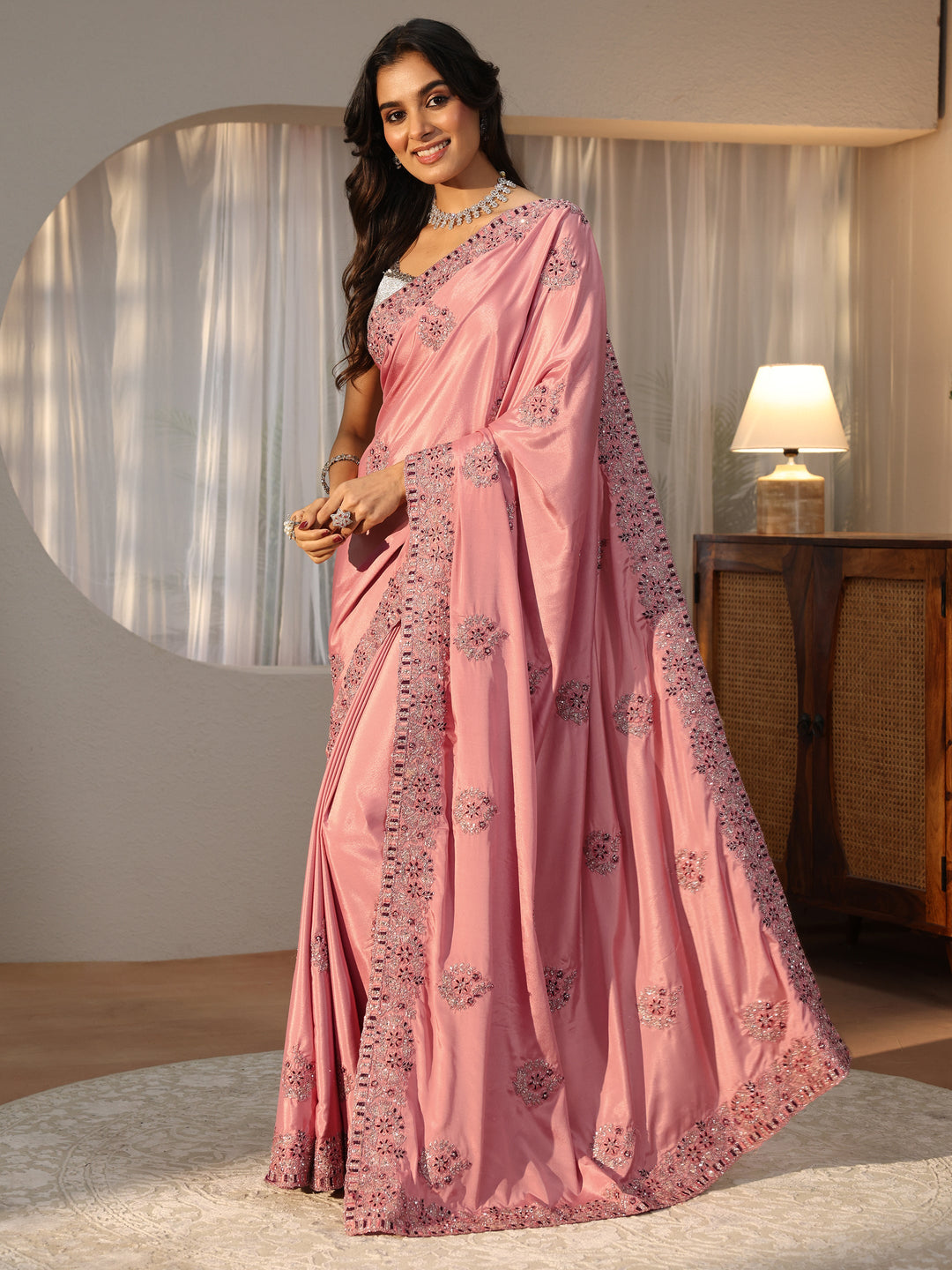  Peach Floral Embroidered Satin Saree 