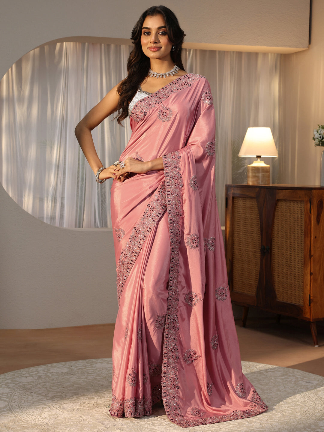  Peach Floral Embroidered Satin Saree 