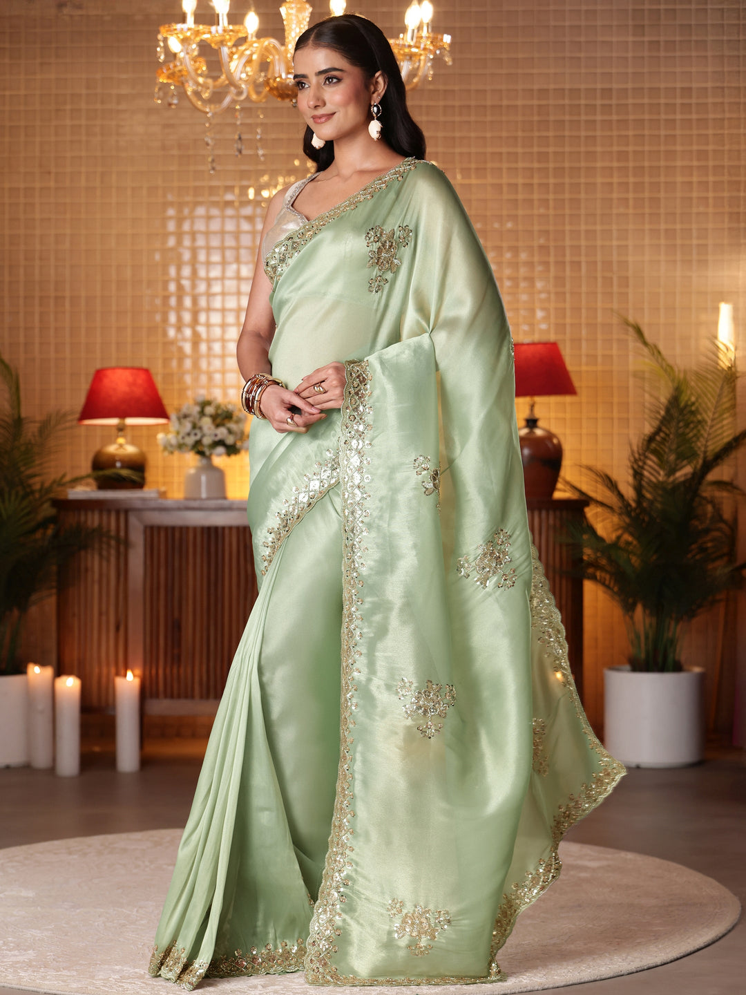  Green Floral Embellished Net Saree 