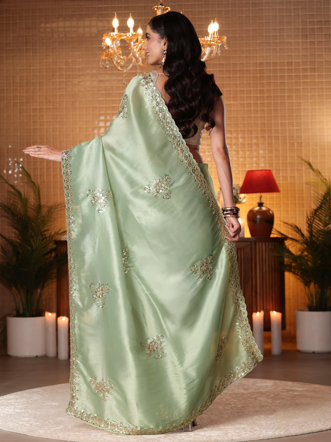  Green Floral Embellished Net Saree 