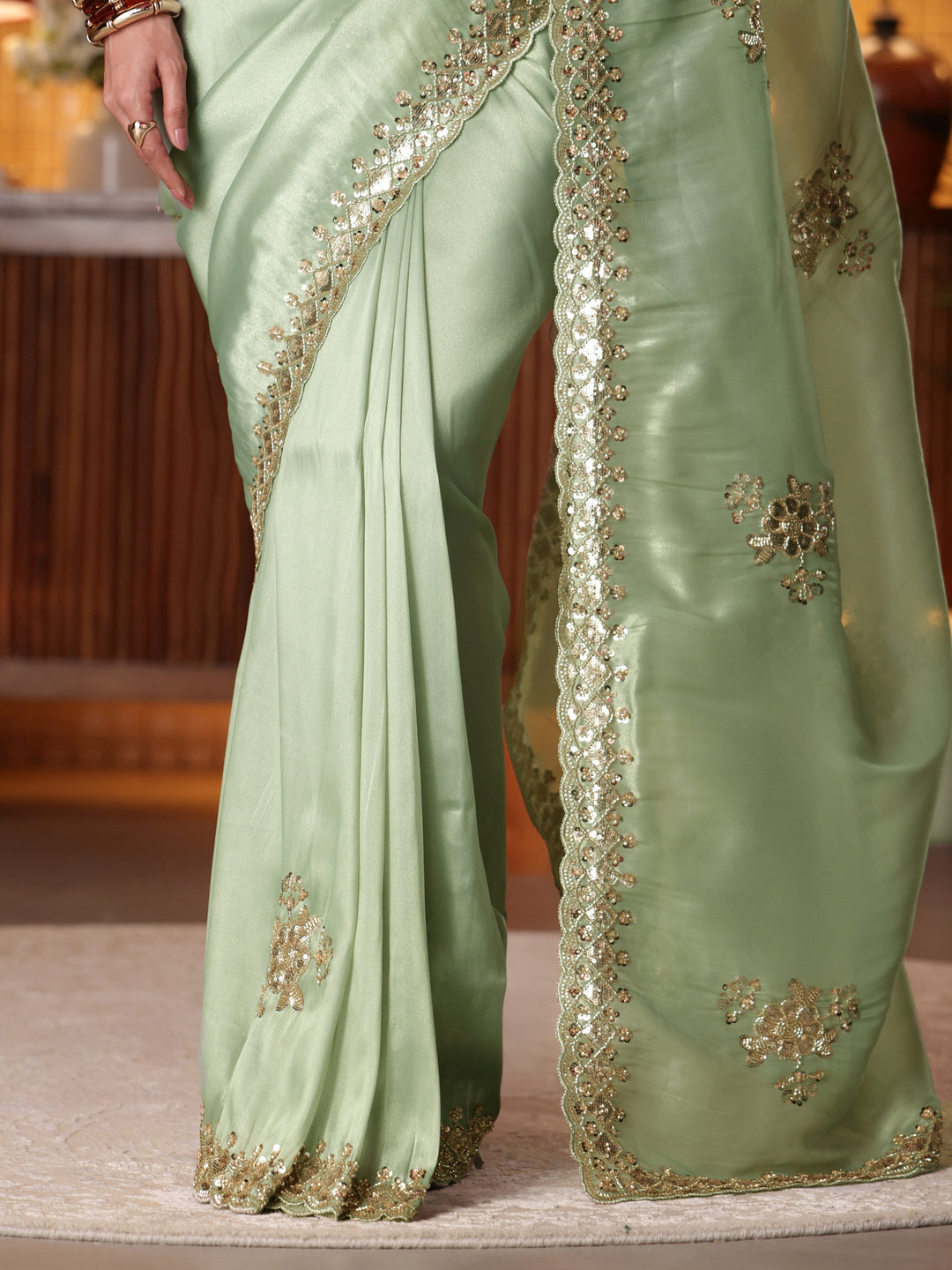  Green Floral Embellished Net Saree 