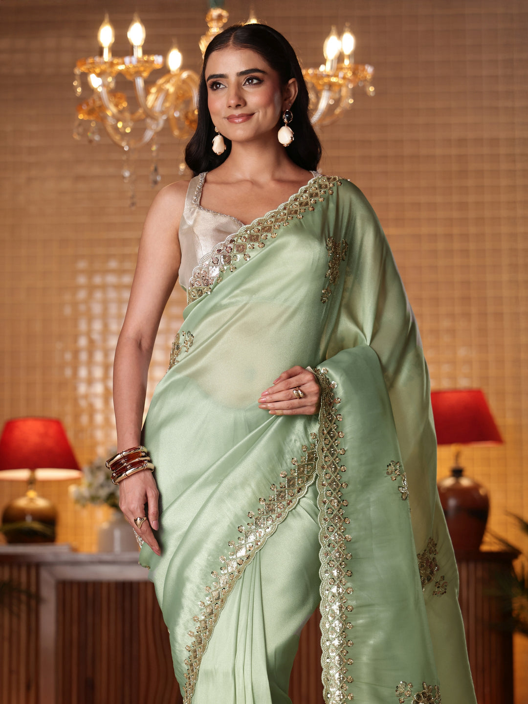  Green Floral Embellished Net Saree 
