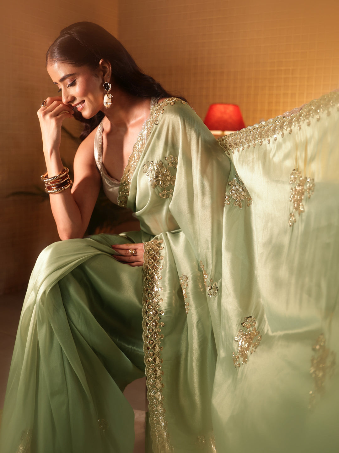  Green Floral Embellished Net Saree 