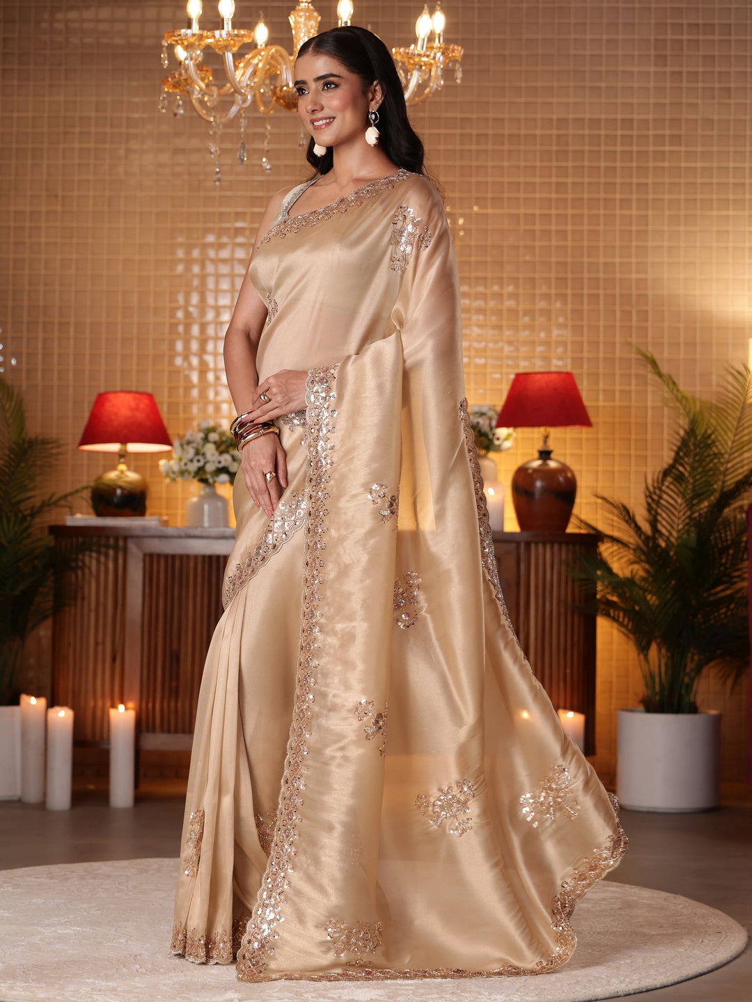  Gold Floral Embellished Net Saree 