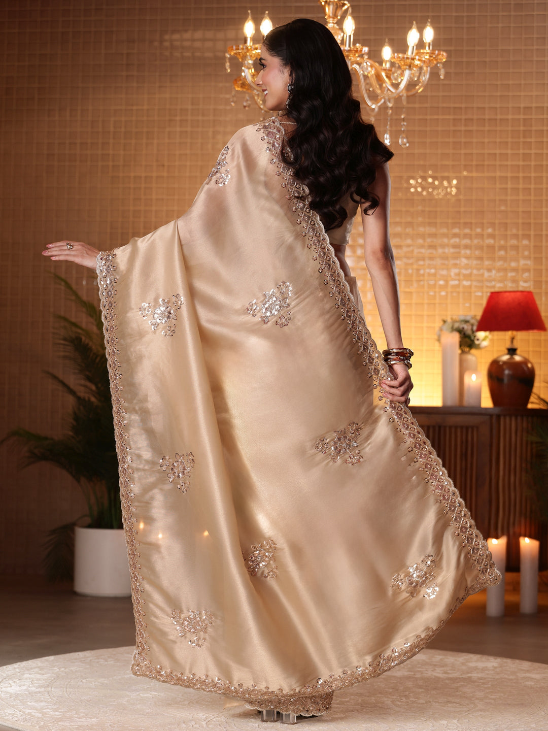  Gold Floral Embellished Net Saree 
