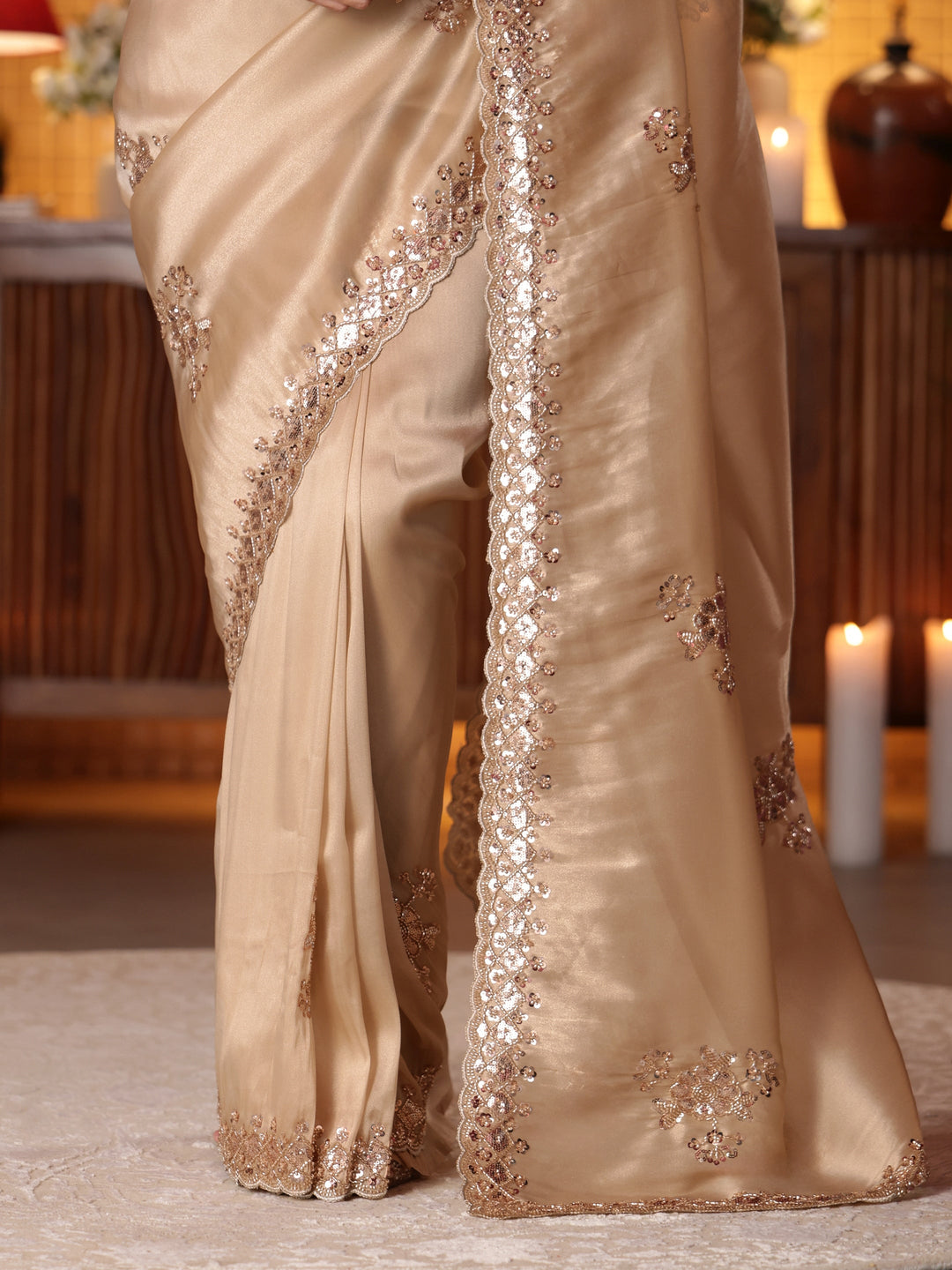  Gold Floral Embellished Net Saree 