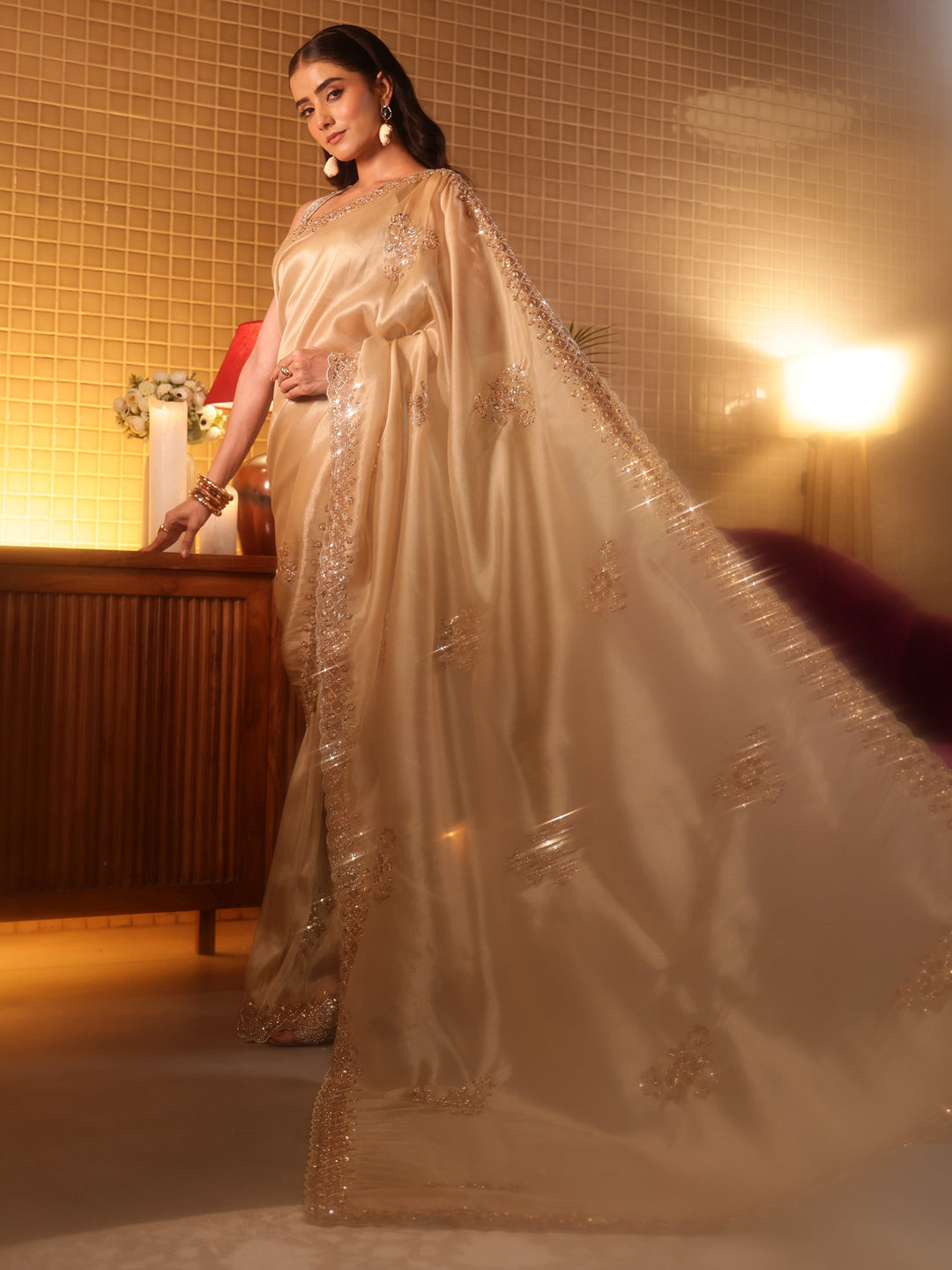  Gold Floral Embellished Net Saree 