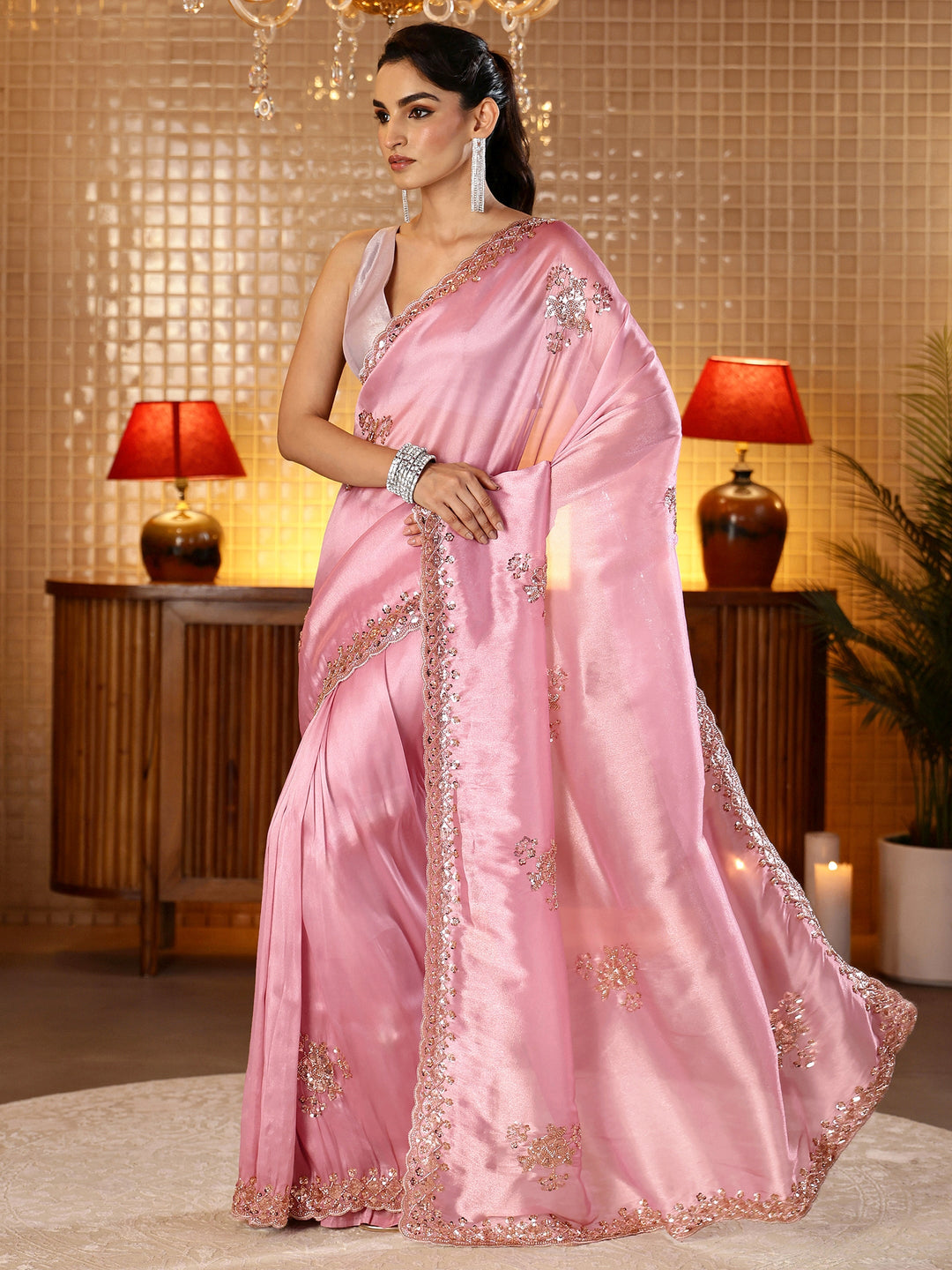  Libas Art Baby Pink Floral Embellished Tissue Saree 