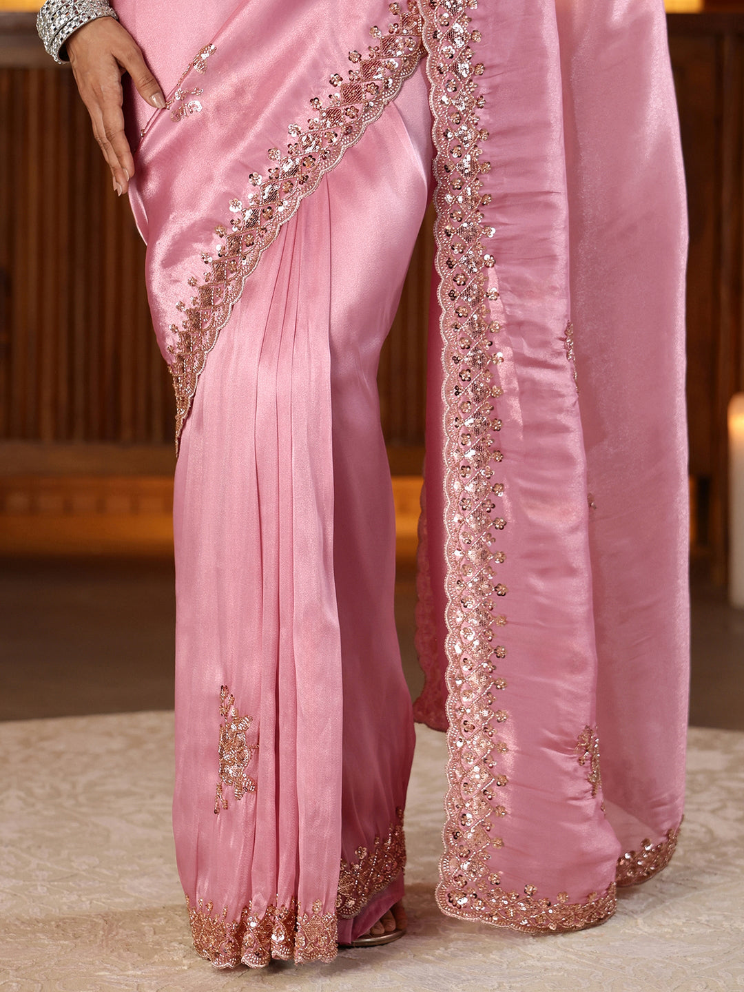  Libas Art Baby Pink Floral Embellished Tissue Saree 