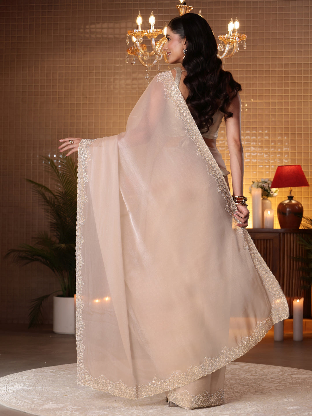  Beige Solid Net Saree 