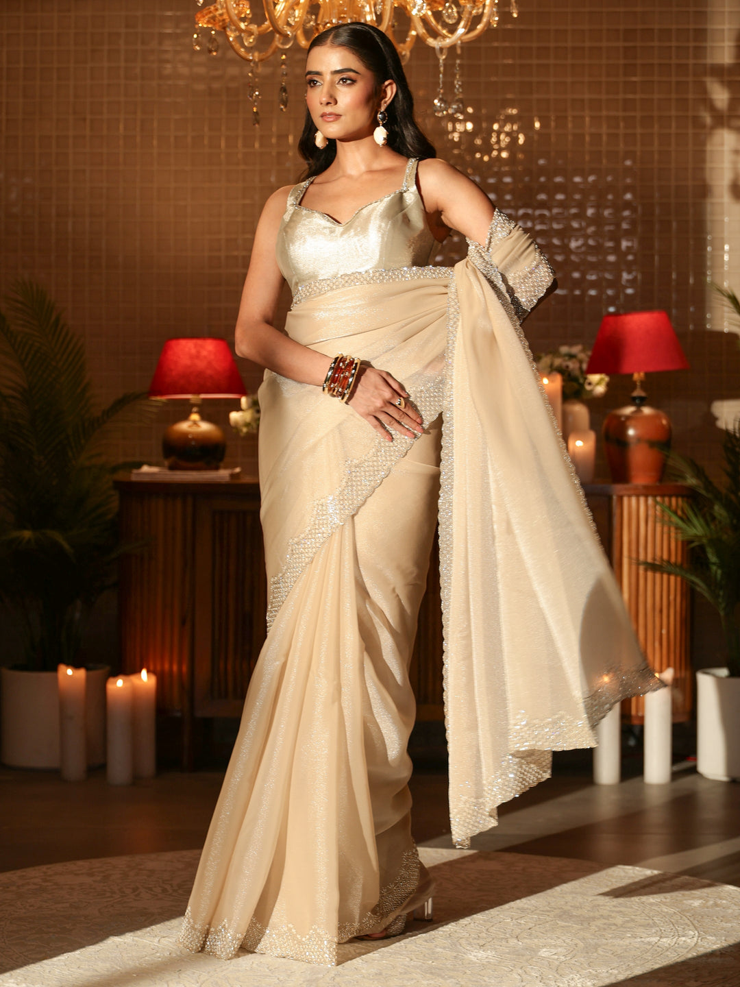  Beige Solid Net Saree 