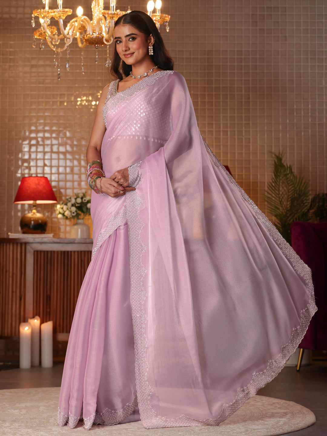  Lavender Solid Net Saree 