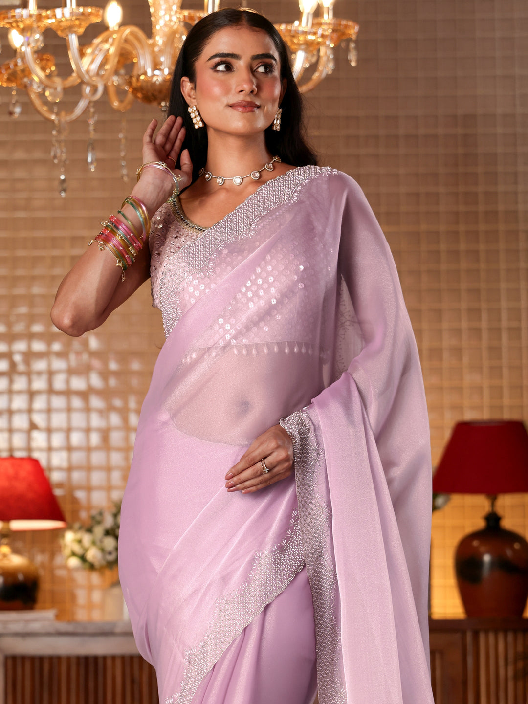  Lavender Solid Net Saree 