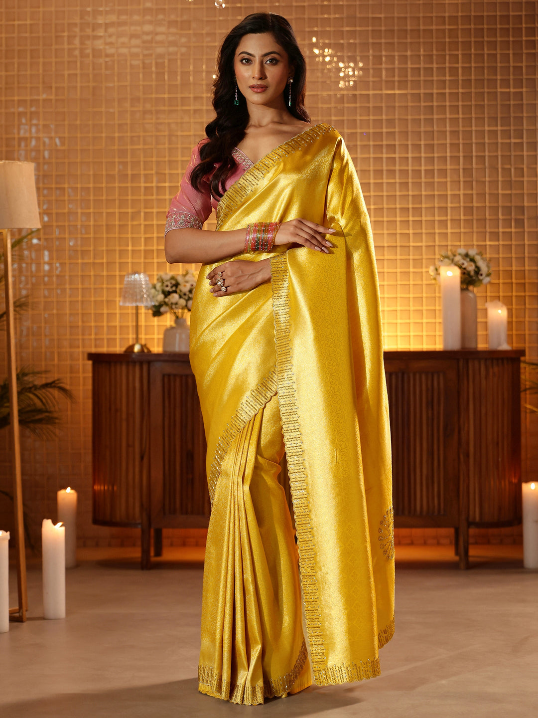 Mustard Floral Woven Design Silk Blend Saree 