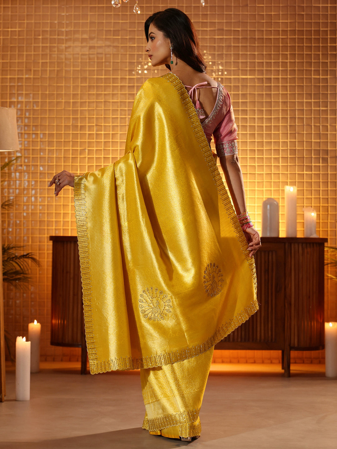  Mustard Floral Woven Design Silk Blend Saree 