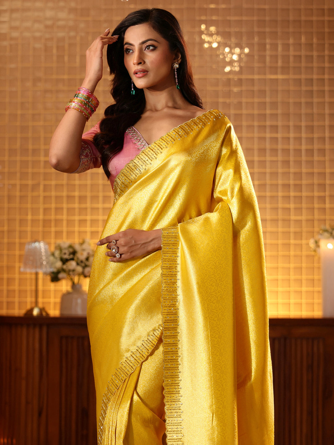  Mustard Floral Woven Design Silk Blend Saree 