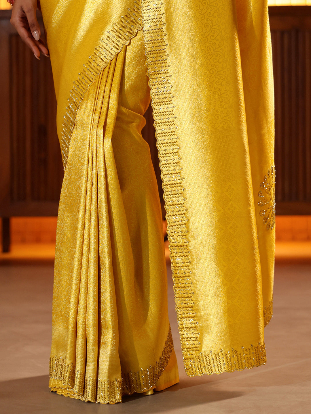  Mustard Floral Woven Design Silk Blend Saree 