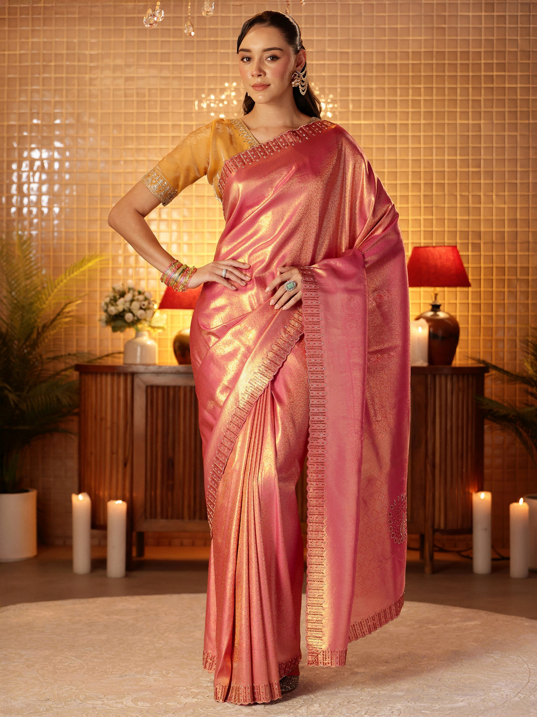  Pink Floral Woven Design Silk Blend Saree 