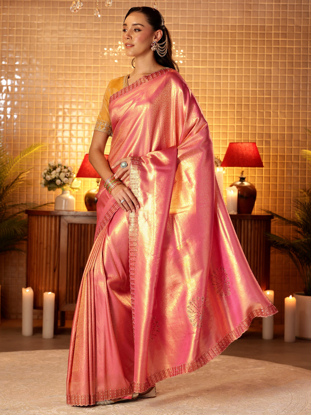  Pink Floral Woven Design Silk Blend Saree 
