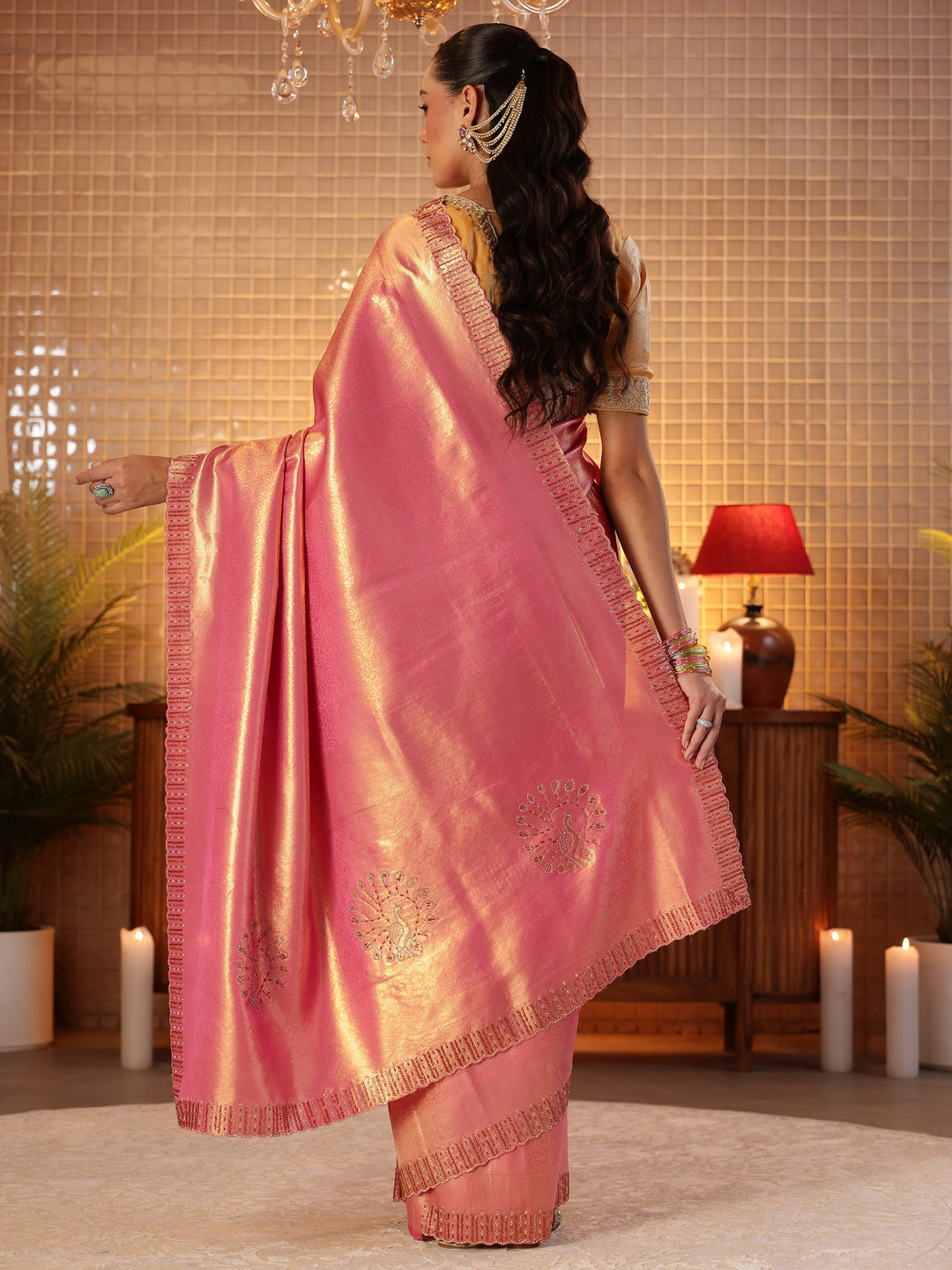  Pink Floral Woven Design Silk Blend Saree 