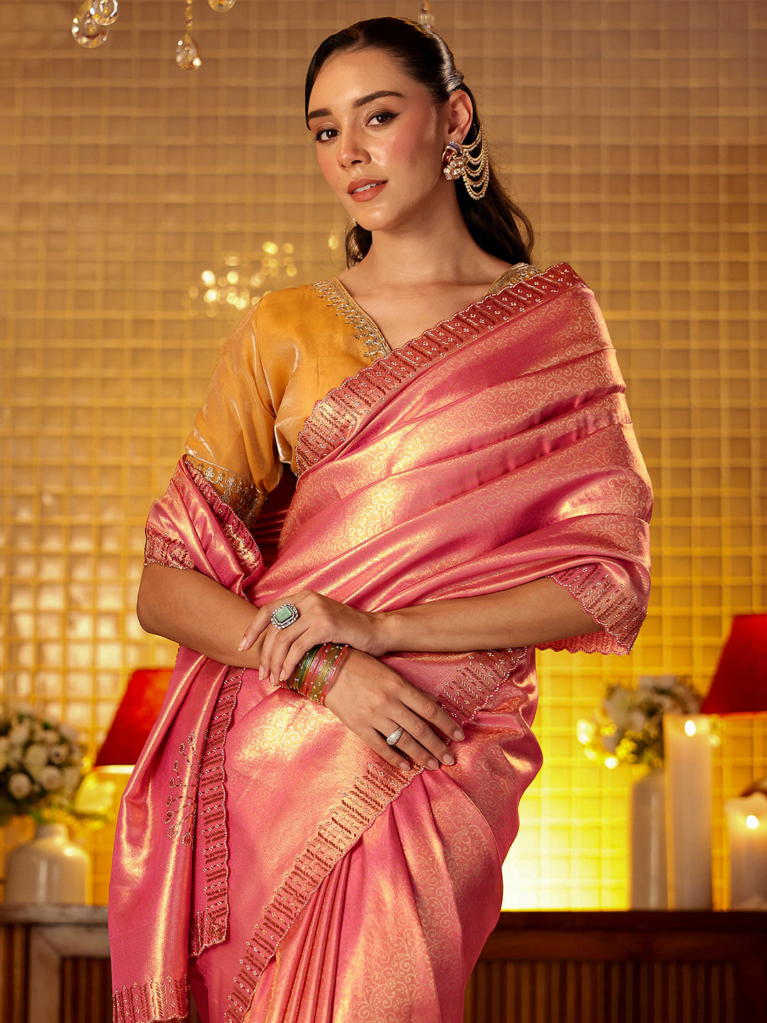 Libas Pink Floral Woven Design Silk Blend Saree