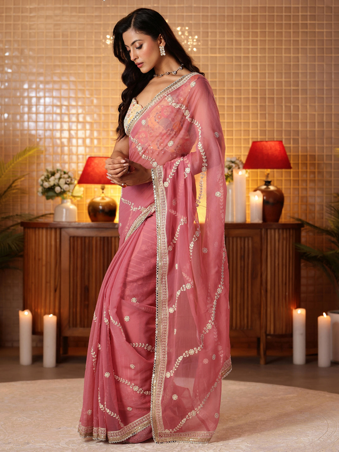  Pink Floral Embroidered Chiffon Saree 