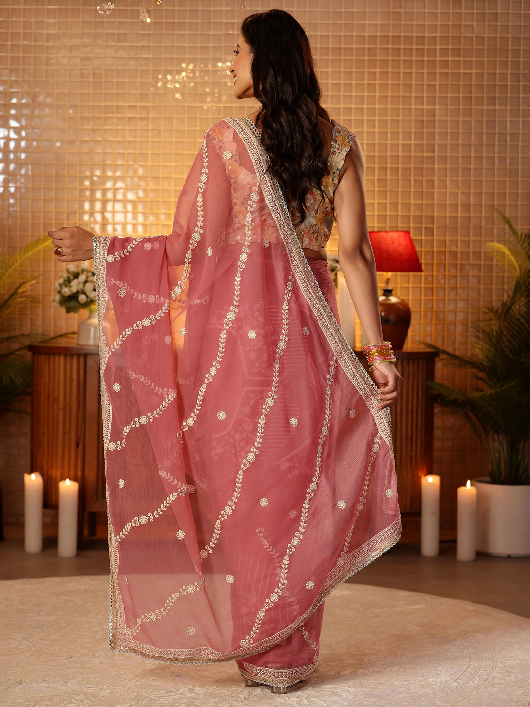  Pink Floral Embroidered Chiffon Saree 