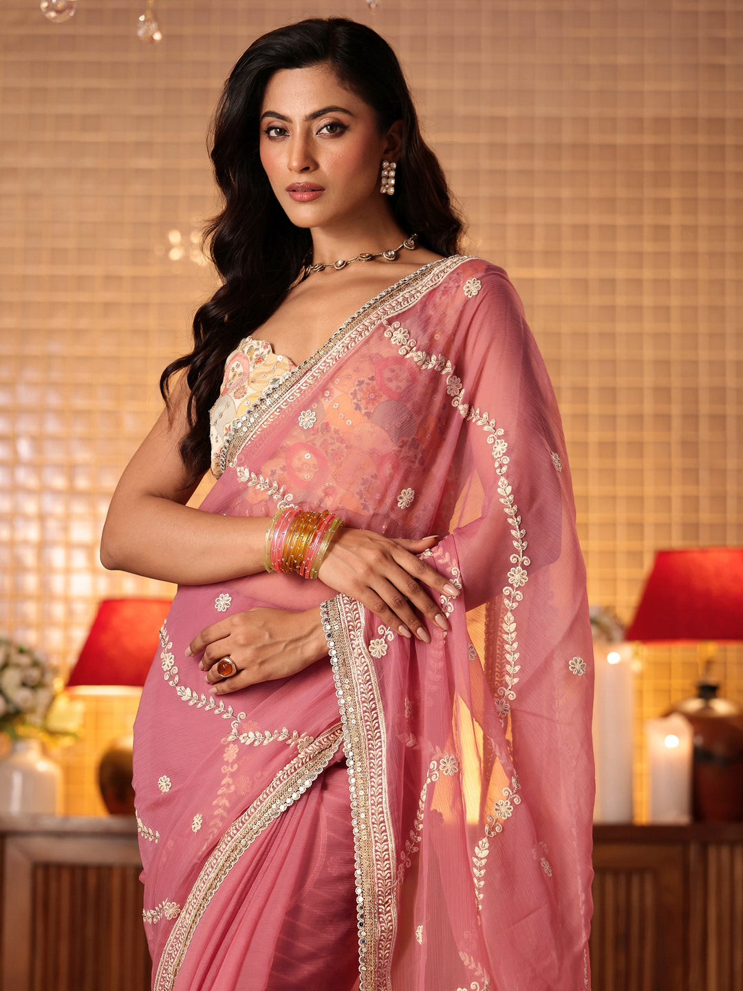 Pink Floral Embroidered Chiffon Saree 