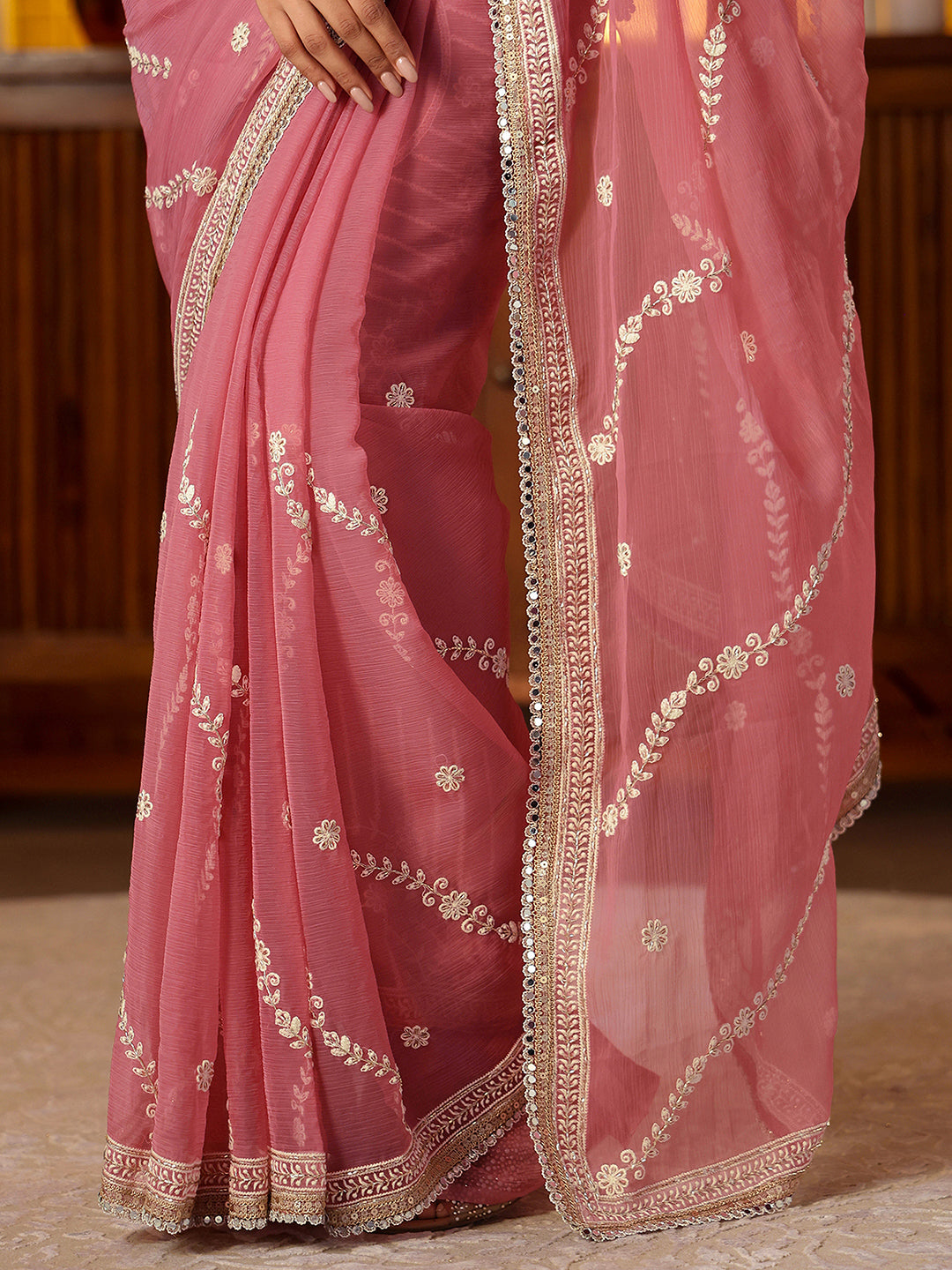  Libas Pink Floral Embroidered Chiffon Saree 