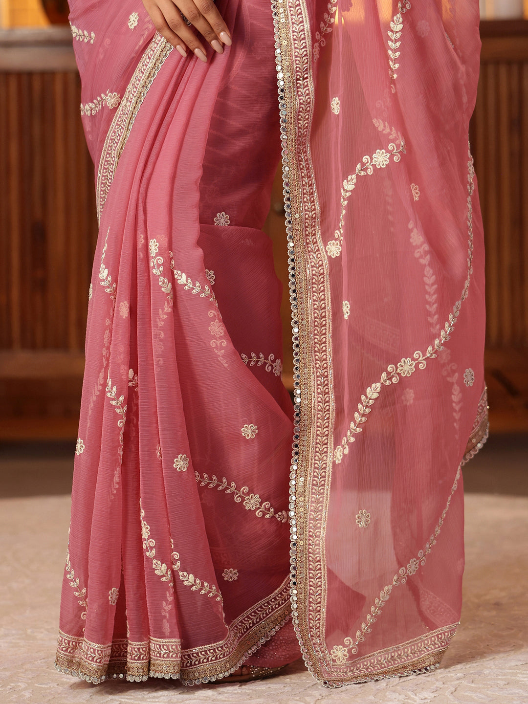  Pink Floral Embroidered Chiffon Saree 