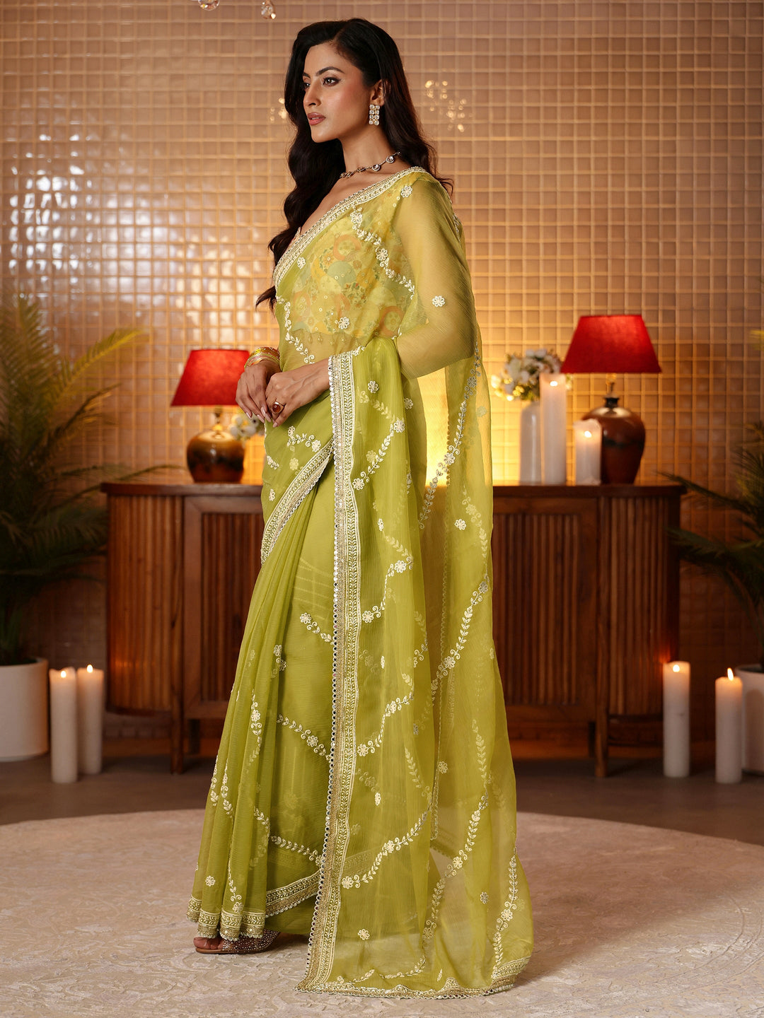  Green Floral Embroidered Chiffon Saree 