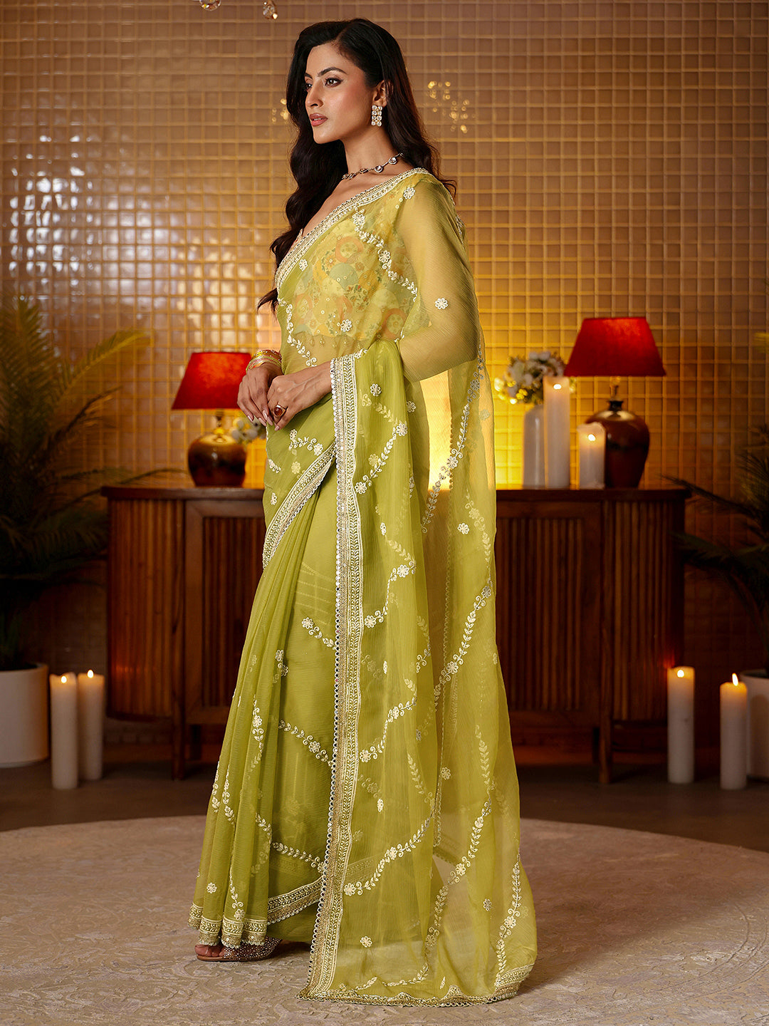  Libas Green Floral Embroidered Chiffon Saree 